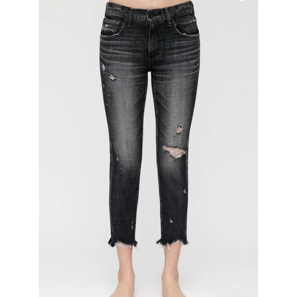Moussy Vintage Distressed Faded Black Glendale Chewed Hem Mid Rise Jeans Size 29